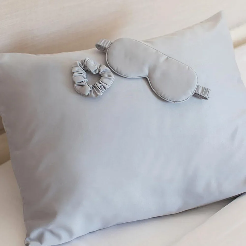 Gray Satin 3 Piece Set Pillowcase Sleep Mask Scrunchie